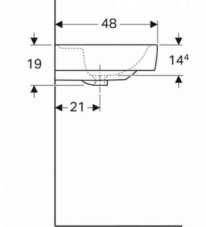 Раковина Geberit Renova Plan с асимметричной полкой: B=75см, T=48см, отверстие под смеситель-по центру, перелив-без, полка-левая, белый 122179000